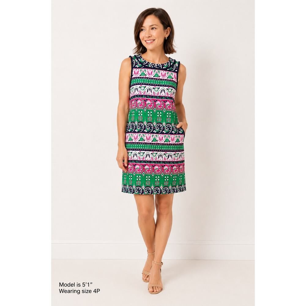 Talbots Petite 4P Colorful Floral Sheath Dress Fringe Trim Pink Navy Resort